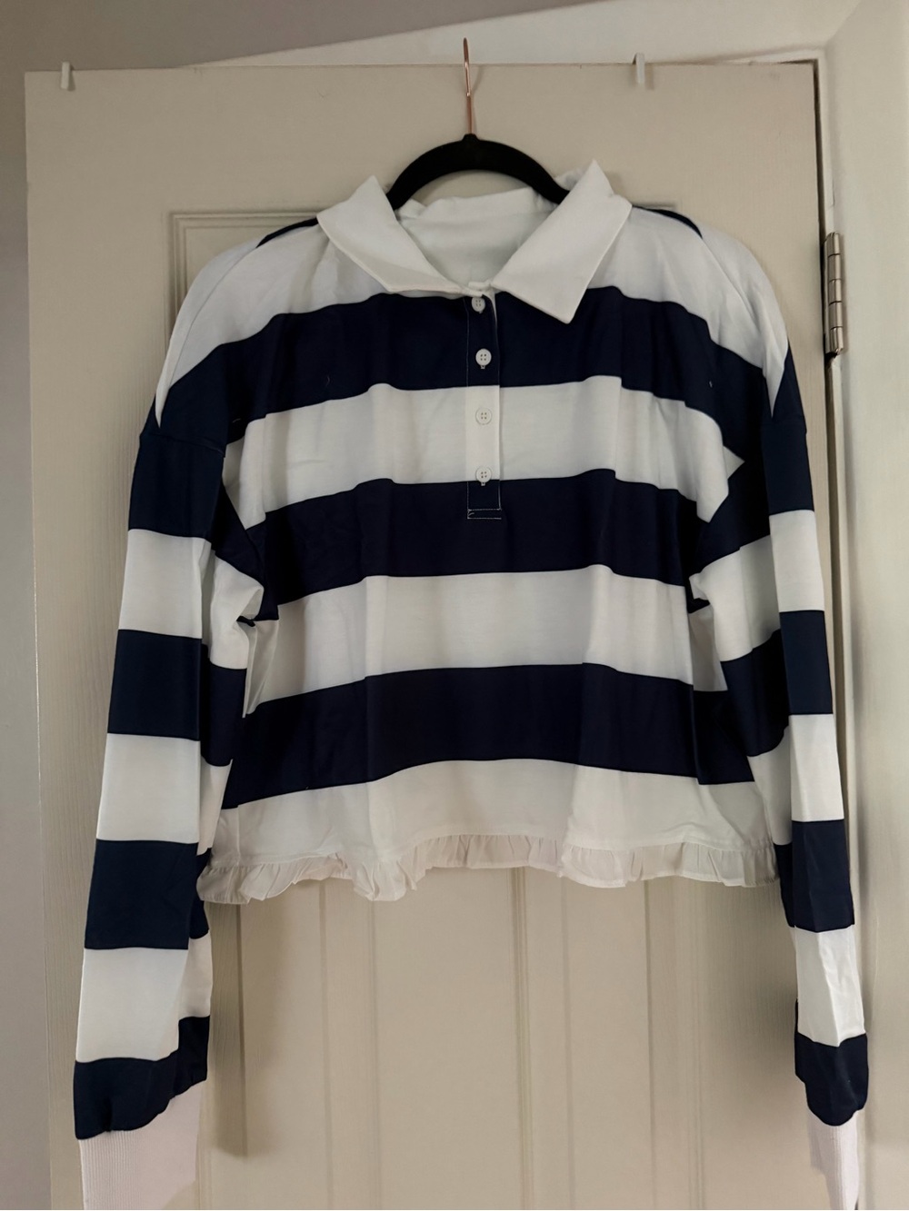 Woman’s Navy & White Striped Polo Top